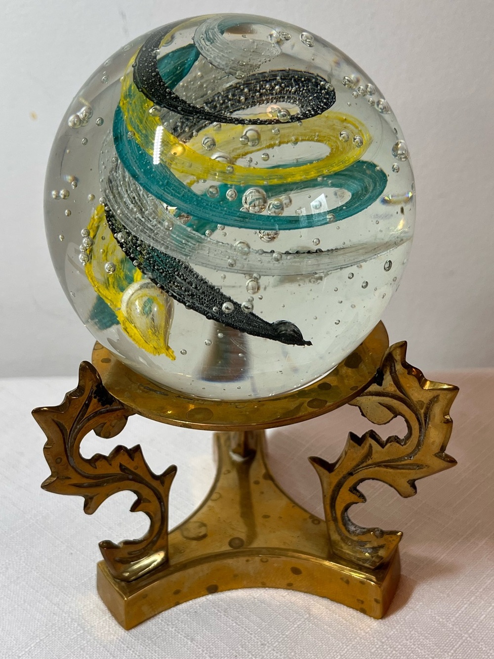 Vintage glass paperweight 80’s Clear Glass Art Sphere Teal, Yellow Black Swirl
